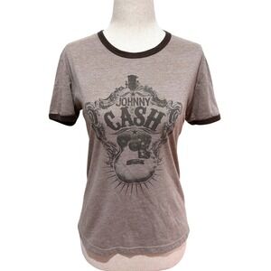 Johnny Cash T Shirt Women's Graphic Tee Brown Ringer Style Size L